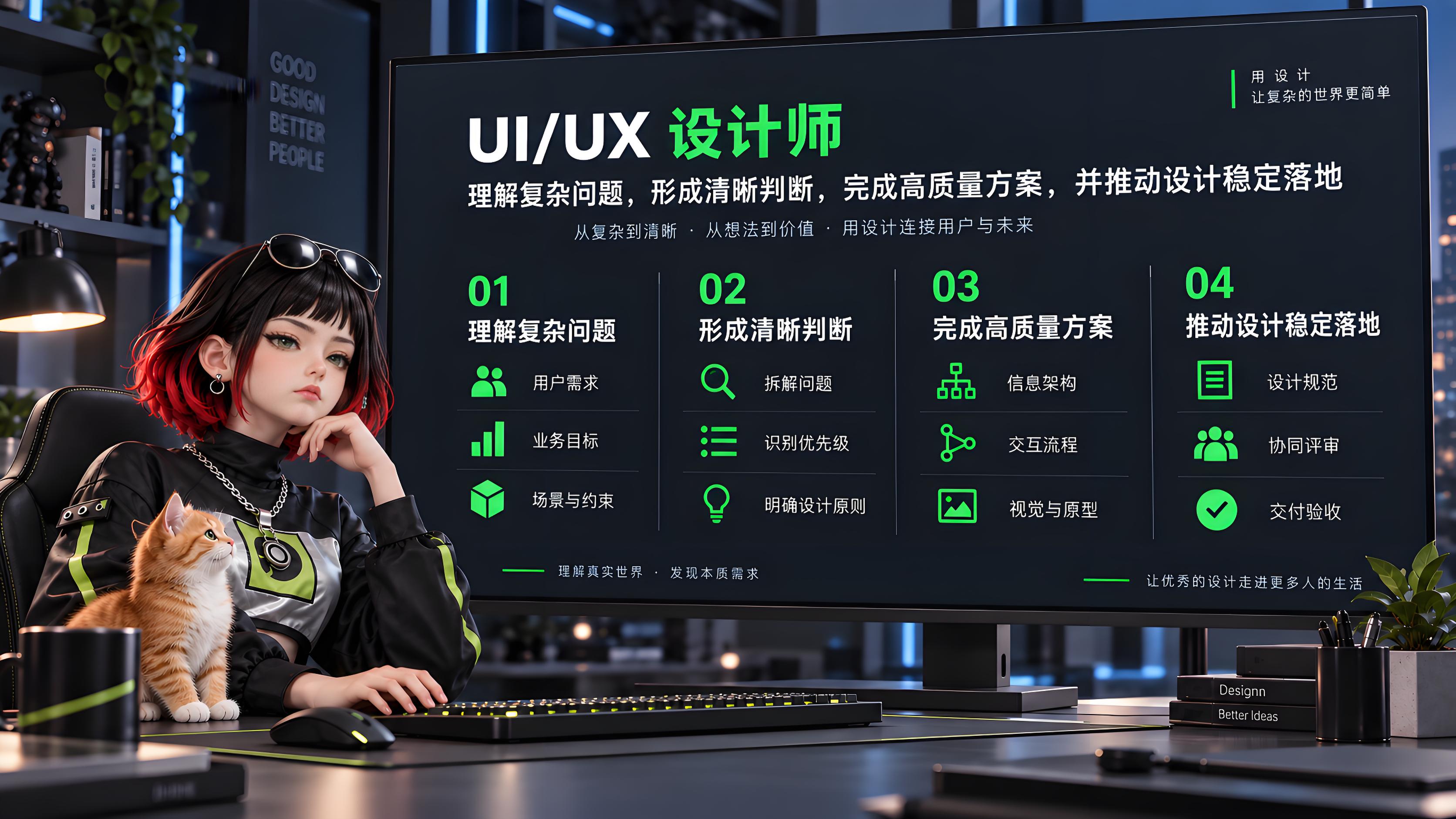 UI/UX 设计师在工作站前展示设计流程与方案的插画